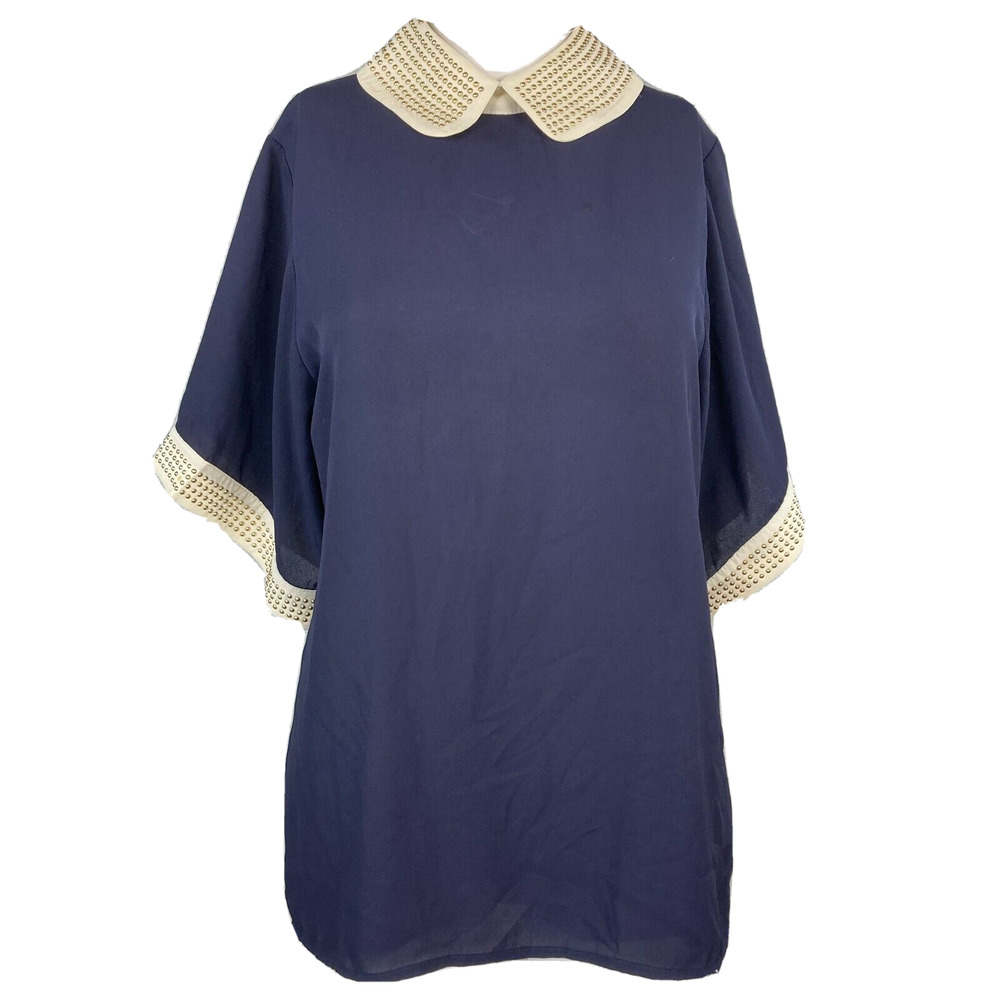 Karlie Shirt Womens Sz S Navy Blue Ivory Studded Collar/Cuffs Button Back